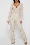 Milky Sexy Solid Patchwork Fold Mid Waist Pencil Solid Color Bottoms