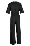 Rose Red Fashion Casual Solid Hollowed Out Patchwork V Neck Regular Jumpsuits
