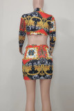 Red Sexy Print Hollowed Out Patchwork Turndown Collar Pencil Skirt Dresses