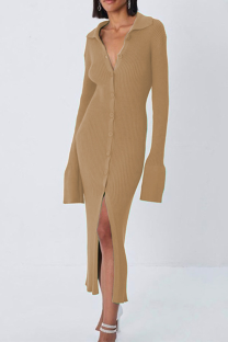 Khaki Street Solid Patchwork Turndown Collar Pencil Skirt Dresses