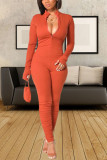 Red Sexy Solid Patchwork Frenulum Buttons Fold O Neck Regular Jumpsuits