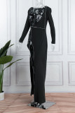 Black Sexy Patchwork See-through Slit Long Sleeve Two Pieces