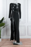 Black Sexy Patchwork See-through Slit Long Sleeve Two Pieces