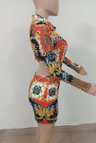 Red Sexy Print Hollowed Out Patchwork Turndown Collar Pencil Skirt Dresses