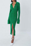 Green Street Solid Patchwork Turndown Collar Pencil Skirt Dresses