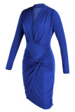 Green Casual Solid Patchwork Fold V Neck Long Sleeve Dresses