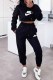 Black Casual Print Letter Hooded Collar Long Sleeve Two Pieces