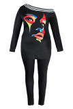 Black Fashion Casual Print Patchwork Slit Oblique Collar Long Sleeve Two Pieces