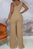 Light Coffee Casual Solid Patchwork V Neck Boot Cut Jumpsuits