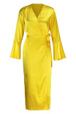 Yellow Fashion Casual Solid Patchwork V Neck Long Sleeve Dresses