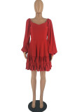 Red Casual Solid Patchwork Square Collar Long Sleeve Dresses