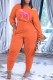 Orange Casual Print Letter Oblique Collar Long Sleeve Two Pieces