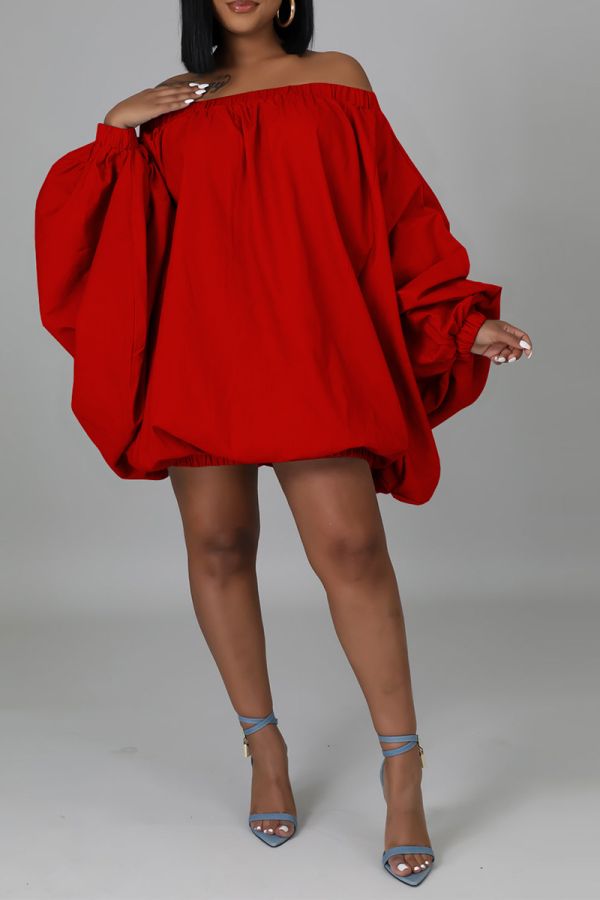 Red Casual Solid Patchwork Off the Shoulder Lantern Skirt Dresses