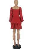 Red Casual Solid Patchwork Square Collar Long Sleeve Dresses