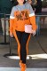 Orange Street Print Patchwork Letter Hooded Collar Long Sleeve Two Pieces