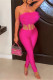 Rose Red Casual Patchwork Backless Strapless Skinny Jumpsuits