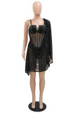 Red Sexy Patchwork Hot Drilling See-through Backless Spaghetti Strap Irregular Dress Dresses
