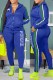 Blue Casual Print Letter Turndown Collar Long Sleeve Two Pieces