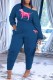 Blue Casual Print Letter Oblique Collar Long Sleeve Two Pieces