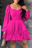 Red Casual Solid Patchwork Square Collar Long Sleeve Dresses