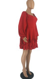 Red Casual Solid Patchwork Square Collar Long Sleeve Dresses