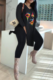 Red Casual Print Slit V Neck Long Sleeve Two Pieces
