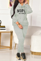 Grey Casual Letter Print Patchwork Hooded Collar Long Sleeve Two Pieces