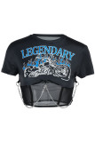 Black Fashion Casual Print Patchwork See-through Chains O Neck T-Shirts