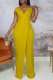 Yellow Casual Solid Patchwork V Neck Boot Cut Jumpsuits