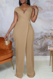 Light Coffee Casual Solid Patchwork V Neck Boot Cut Jumpsuits