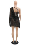 Red Sexy Patchwork Hot Drilling See-through Backless Spaghetti Strap Irregular Dress Dresses