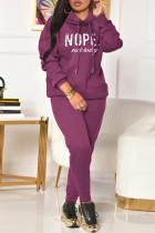 Purple Casual Letter Print Patchwork Hooded Collar Long Sleeve Two Pieces