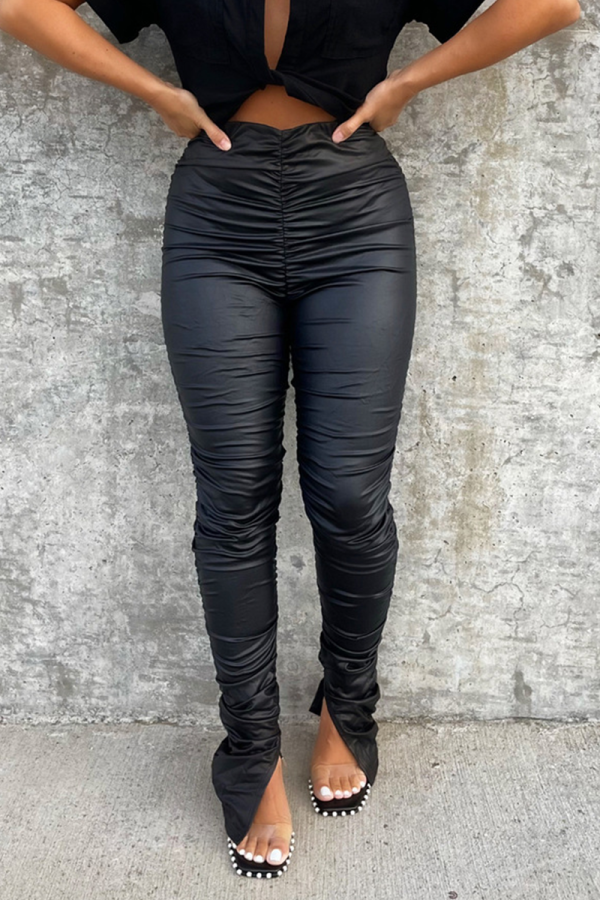 Black Street Solid Fold Skinny High Waist Pencil Solid Color Bottoms