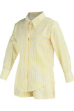Pink Fashion Casual Striped Print Patchwork Turndown Collar Long Sleeve Two Pieces