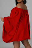 Red Casual Solid Patchwork Off the Shoulder Lantern Skirt Dresses