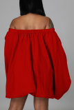 Red Casual Solid Patchwork Off the Shoulder Lantern Skirt Dresses
