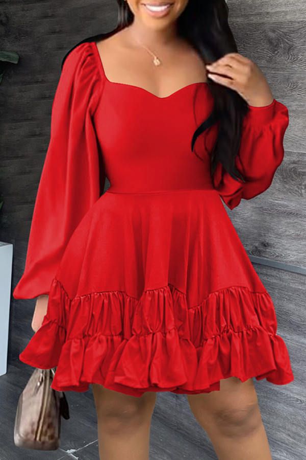 Red Casual Solid Patchwork Square Collar Long Sleeve Dresses