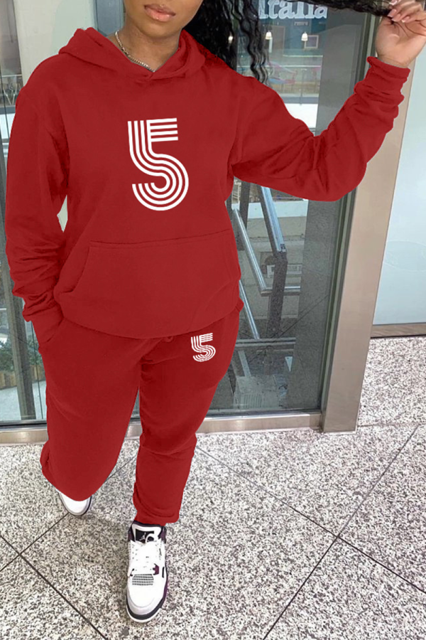 Red Casual Print Patchwork Hooded Collar Long Sleeve Two Pieces