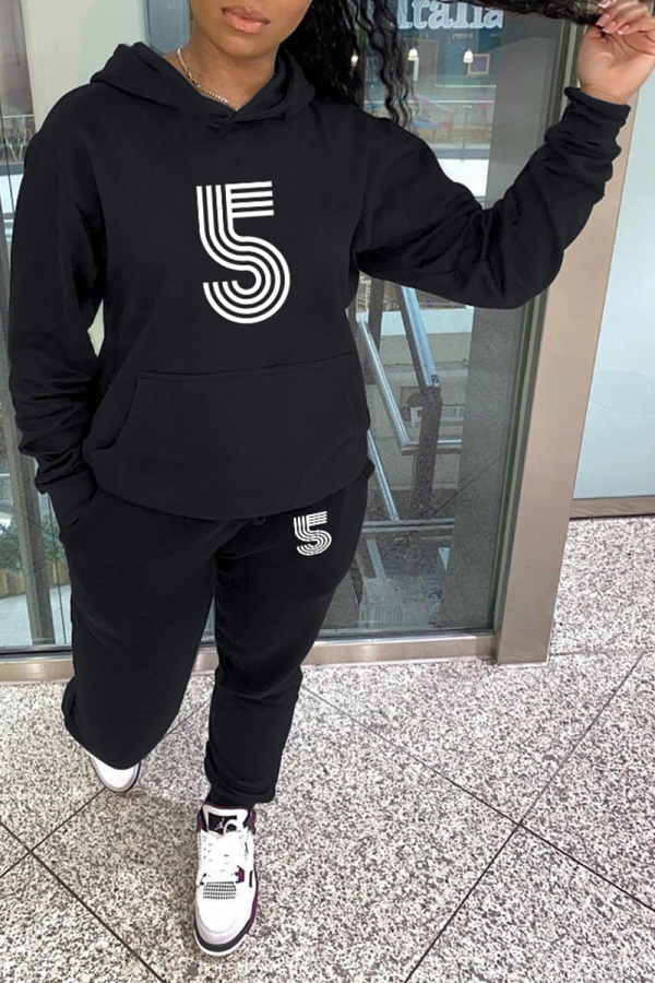 Black Casual Print Patchwork Hooded Collar Long Sleeve Two Pieces