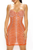 Orange Sexy Patchwork Hot Drilling Backless Spaghetti Strap Sleeveless Dress Dresses