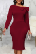 Burgundy Street Solid Patchwork Off the Shoulder Pencil Skirt Dresses