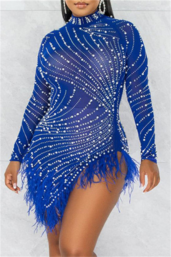 Blue Sexy Patchwork Hot Drilling See-through Feathers Beading Asymmetrical Half A Turtleneck Long Sleeve Dresses