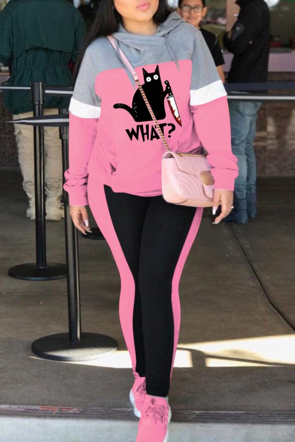 Pink Casual Print Patchwork Hooded Collar Long Sleeve Two Pieces