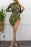 Pink Sexy Patchwork Hot Drilling See-through Feathers Beading Asymmetrical Half A Turtleneck Long Sleeve Dresses