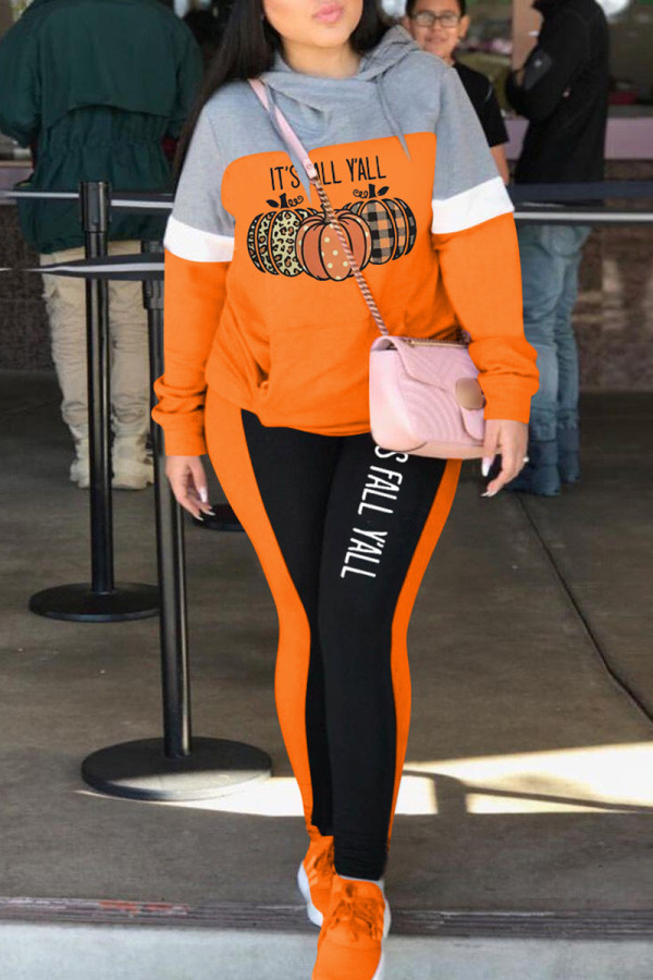 Orange Casual Print Patchwork Hooded Collar Long Sleeve Two Pieces