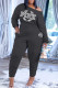 Black Casual Letter Print Patchwork Oblique Collar Long Sleeve Two Pieces
