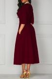 Burgundy Street Solid Patchwork V Neck Waist Skirt Dresses