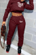 Burgundy Casual Print Letter Hooded Collar Long Sleeve Two Pieces