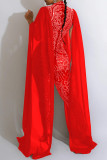 Red Sexy Patchwork Hot Drilling See-through Half A Turtleneck Skinny Jumpsuits