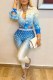 Blue Sweet Print Patchwork Letter Turndown Collar Long Sleeve Two Pieces